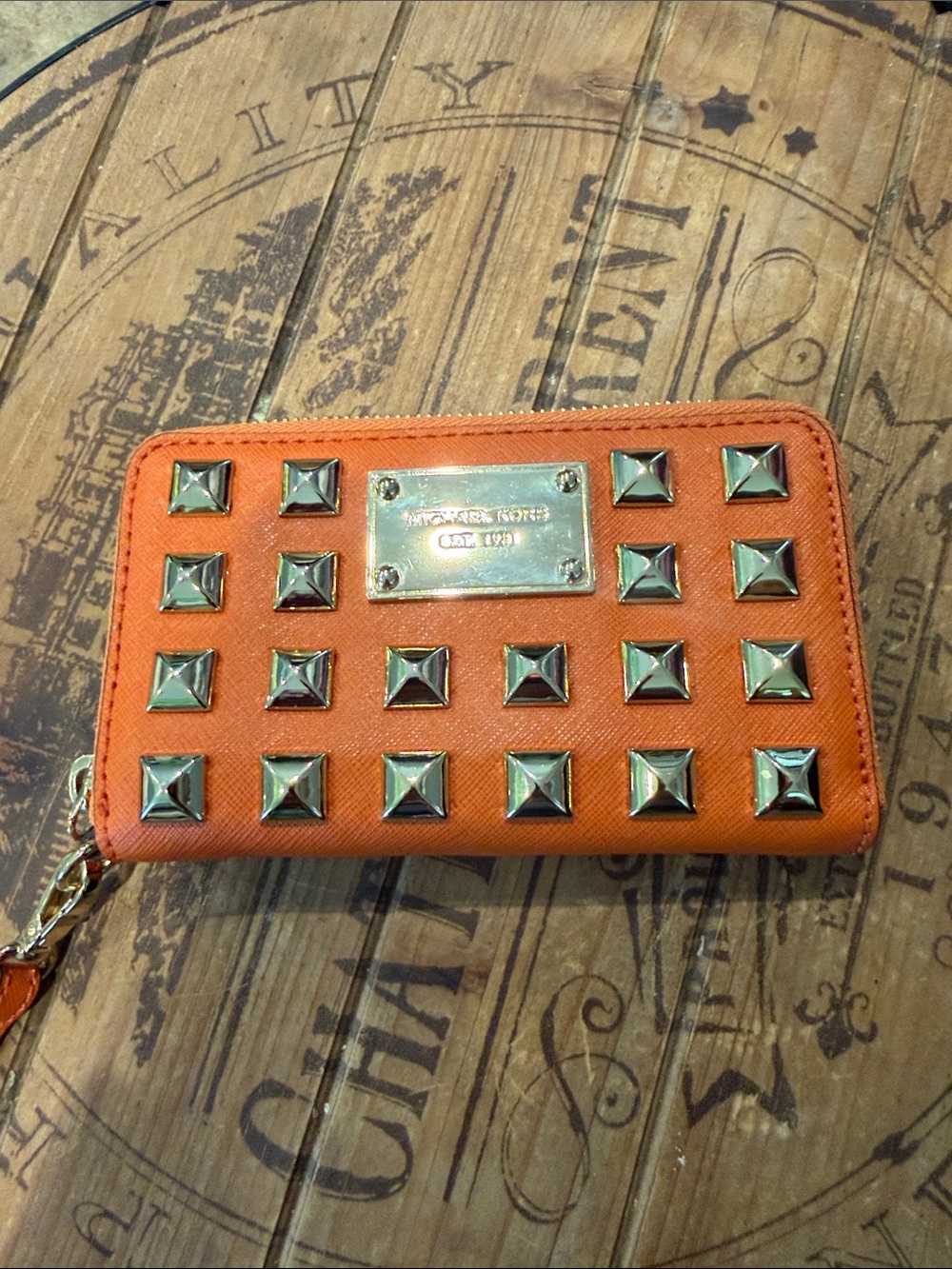 Michael Kors Orange Saffiano Stud Zip-Around Wallet